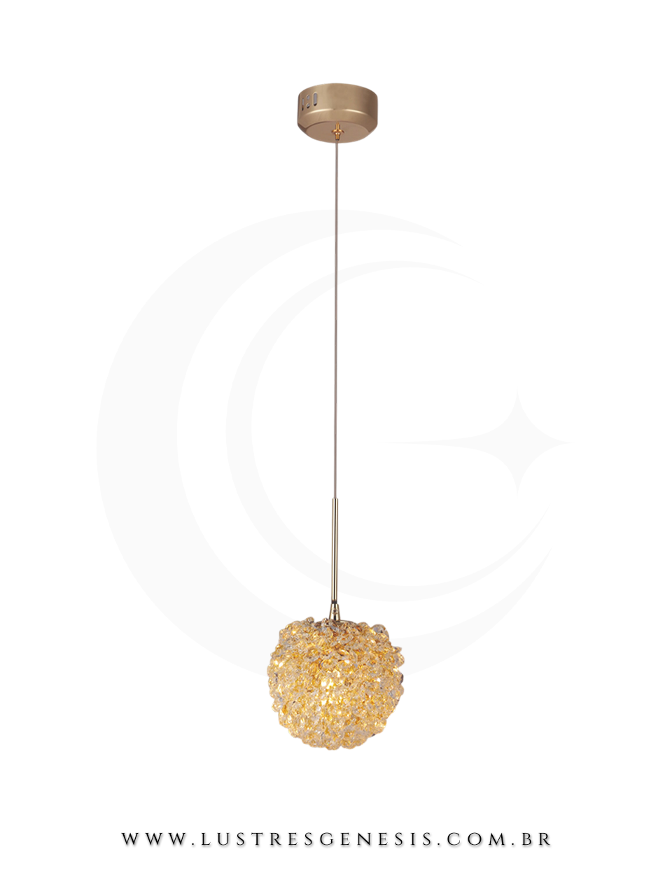 Pendente Simples Cristal Metal Dourado Esfera Ø15cm, Cabeceira de Cama, Banheiro, Lavabo, Bancada de Cozinha, Bancada Area Gourmet